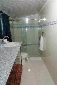 uma casa de banho com um lavatório, um WC e um chuveiro em Lita's Place em Cordillera Arriba