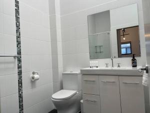 a bathroom with a toilet and a sink and a mirror at Modern 2 Bedroom Warehouse Conversion in Sydney