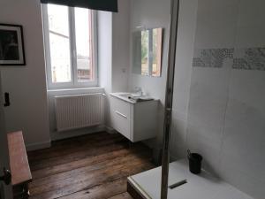 a white bathroom with a shower and a sink at Les Ramandes Appartements au cœur du village in Marcillac-la-Croisille