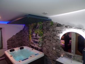 ein Badezimmer mit einer Badewanne in einer Steinwand in der Unterkunft Loveroom 54 in Jarville-la-Malgrange