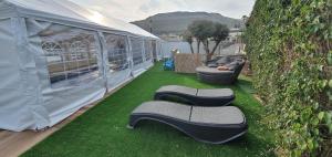 a tent with two chairs and a couch in a yard at kinneret love sounds in Migdal
