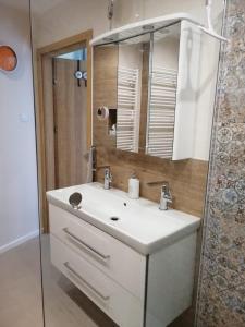 ein Badezimmer mit einem weißen Waschbecken und einem Spiegel in der Unterkunft Kaszmir in Karpacz