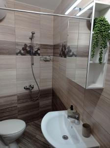 uma casa de banho com um lavatório, um WC e um chuveiro em Prague Suite em Burgas