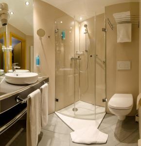 ein Bad mit einer Dusche, einem WC und einem Waschbecken in der Unterkunft Hotel Saigerhütte in Olbernhau