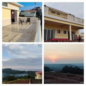 a group of four pictures of a house with the sunset at Riddhi Sea View Bungalow Ganpatipule for Family in Ratnagiri
