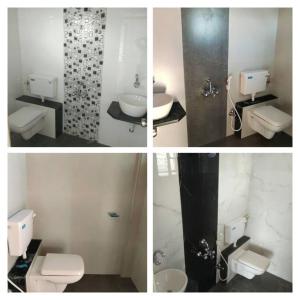 three pictures of a bathroom with a toilet and a sink at Riddhi Sea View Bungalow in Ratnagiri