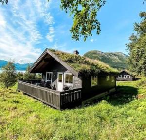 a small house with a grass roof on a field at Kjøsnes Feriehytter in Skei 