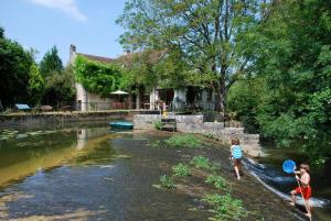 Due bambini che giocano con un frisbee in un fiume di Magnifique Moulin proche Chablis, jacuzzi et rivière a Annay-sur-Serein