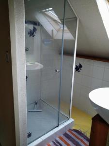 een glazen douche in een badkamer met een wastafel bij petite maison port de saint goustan in Auray