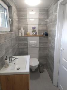 łazienka z toaletą i umywalką w obiekcie Ubytovanie pod Červeným kameňom Malé Karpaty w mieście Píla