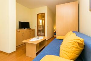 a room with a couch and a table and a television at Apartments Radić in Dubrovnik
