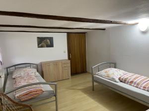 1 Schlafzimmer mit 2 Betten und Holzboden in der Unterkunft Ferienwohnung Weidner in Rehau