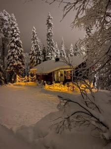 a house covered in snow in front of trees at Rukan Ukkoteeri 1 & 2 in Ruka