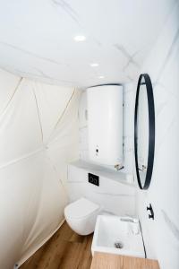 a bathroom with a toilet and a mirror at Glamping Bahenec in Bahenec