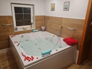 Apartmány Petronela في ماكوف: حمام مع حوض استحمام مع ديكور الزهرة الحمراء