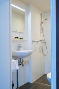 a bathroom with a shower, sink, and toilet at Stadshotel De Klok in Breda