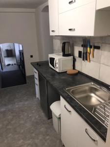 eine Küche mit einer Spüle, einer Mikrowelle und einem Kühlschrank in der Unterkunft Apartmán u Junků in Pernink