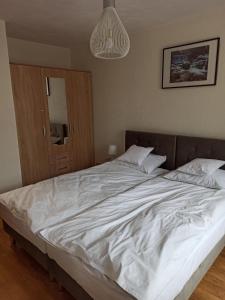 a large white bed in a bedroom with at Apartamenty Jola in Szklarska Poręba