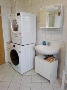 a washing machine and a sink in a bathroom at Monteurwohnung bei Nina in Zeitz