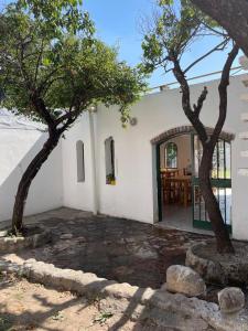 una casa blanca con dos árboles delante de ella en Hosteria EL PARRAL, en Mina Clavero