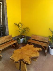 zwei Holzbänke in einem Zimmer mit gelber Wand in der Unterkunft Betel tu casa de refugio in Puerto Iguazú