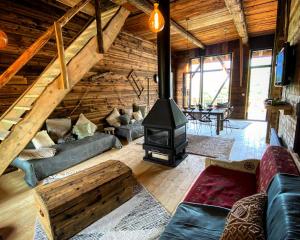 Cabaña de madera con sala de estar con chimenea en Authentique grange savoyarde, en Albiez-Montrond
