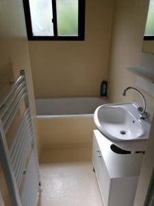 een badkamer met een wastafel en een bad bij G06 Veldkamp Epe geschikt tot 4 personen in Epe