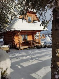 domek z bali i śniegiem w obiekcie Domki Szwajnosówka w mieście Witów