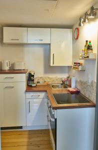 a kitchen with white cabinets and a sink at Green-Art-Living für 3 im Allgäu mit Queensize & WIFI in Lauben +5 photos
