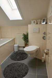 a bathroom with a toilet and a bath tub at Green-Art-Living für 3 im Allgäu mit Queensize & WIFI in Lauben