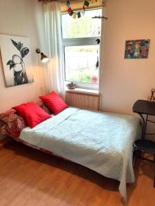 a bedroom with a bed with red pillows and a window at Garden house in Daugavpils