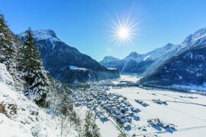 a view of a valley in the mountains with snow at Aparts33 in Längenfeld