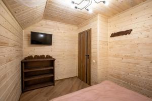 een kamer met een televisie in een houten muur bij Майя in Mykulychyn
