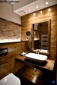 een badkamer met een wastafel en een spiegel bij Bilocale centro paese con posto auto in Madonna di Campiglio
