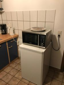 a microwave sitting on top of a small refrigerator at Ferienwohnung Sandner in Porta Westfalica +12 photos