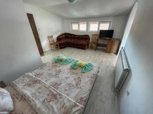 a bedroom with a large bed and a living room at Къща за гости Гергана in Raduil +40 photos