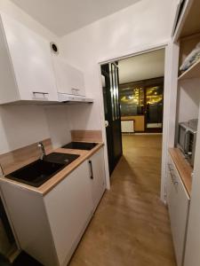 - une cuisine avec un évier et un comptoir dans l'établissement Appartement proche lac Longemer, à La Bresse