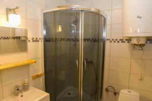 um chuveiro com uma porta de vidro na casa de banho em Apartament Grapa em Żywiec