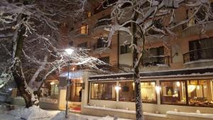 um edifício com árvores cobertas de neve e uma luz de rua em SPA Hotel Medicus em Varshets