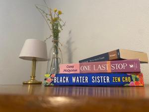 a stack of books sitting on a table with a lamp at Spatzennest am Taubenhaus Residenz Moselliebe in Traben-Trarbach