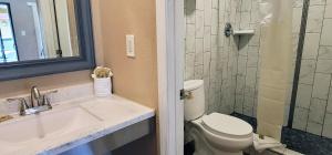 une salle de bain avec toilettes, lavabo et douche dans l'établissement RUBY MOTEL, à Long Beach