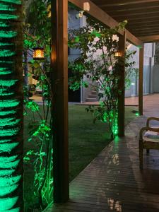 eine Terrasse mit grüner Beleuchtung neben einem Baum in der Unterkunft Posada Sueños De Verano in Florianópolis