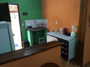 a small kitchen with green walls and a counter top at Casa Laranja in Vale do Capao