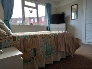 a bedroom with a bed and a tv and a window at 50 New Esplanade Court in Paignton