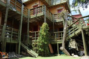 a building with stairs and a tree in front of it at Algarrobo Lodge in Algarrobo