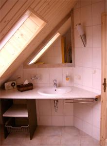a bathroom with a sink and a mirror at Gästezimmer am Märchenbrunnen in Lockwitz