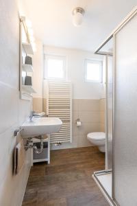 uma casa de banho com um lavatório e um WC em Trailrock Lodge em Dahn