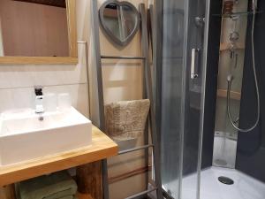 uma casa de banho com um lavatório e um chuveiro em Auberge La Bergerie em Sainte-Marie-de-Campan
