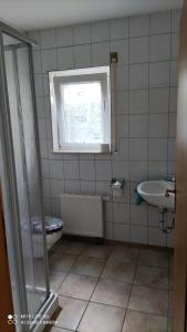 a bathroom with a shower and a sink and a window at Pension und Ferienwohnung Walther App. 2 in Storkow