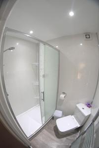 a bathroom with a shower and a toilet and a mirror at The Eastleigh in Skegness
